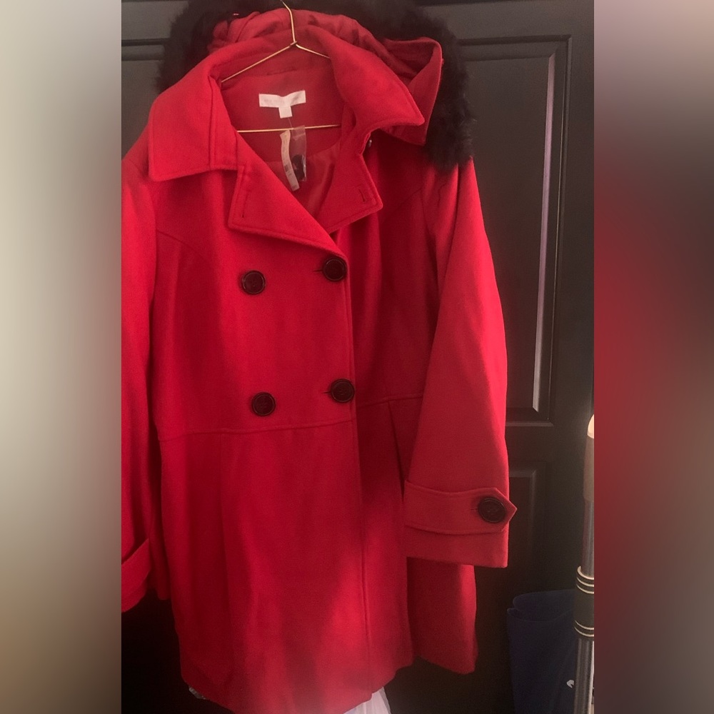 New York & co red wool blend coat xl size 14/16 nwt removable hood